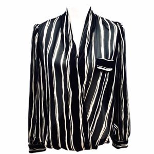 Pleione Blouse Sheer Black White Striped Surplice